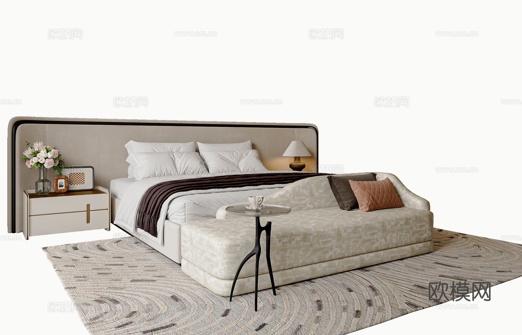 轻奢双人床 床尾凳 床头柜 主卧双人床3d模型