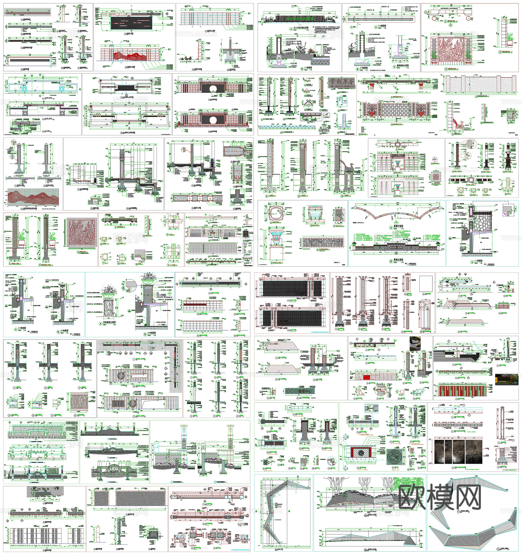 入口景墙挡土景墙乡村景墙剖面做法工艺详图节点CAD素材图库cad施工图