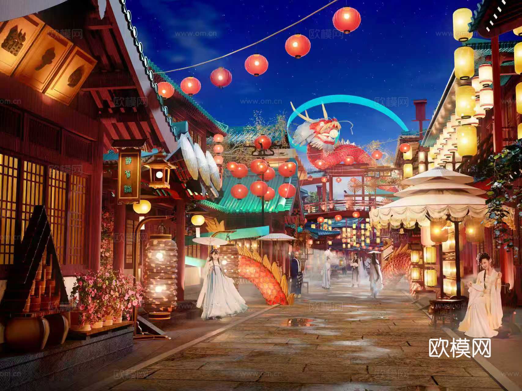 网红打卡国潮古风古镇集市su模型