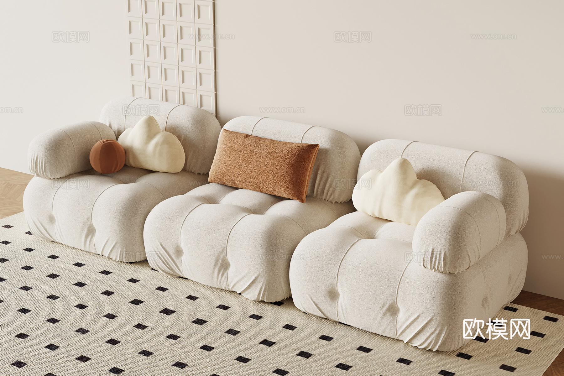 现代奶油风沙发 多人沙发su模型su模型
