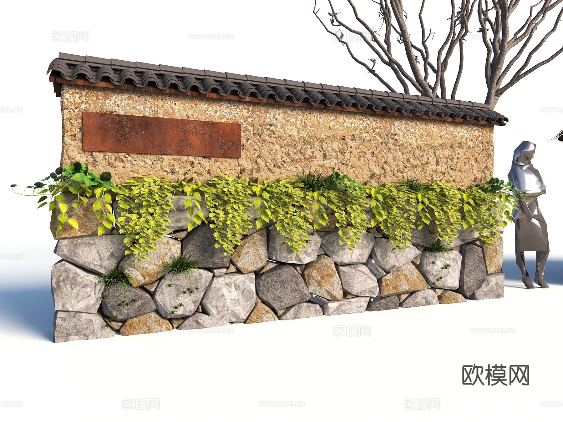 现代毛石挡墙 毛石景墙 生态景墙 挡墙景墙 夯土毛石墙su模型