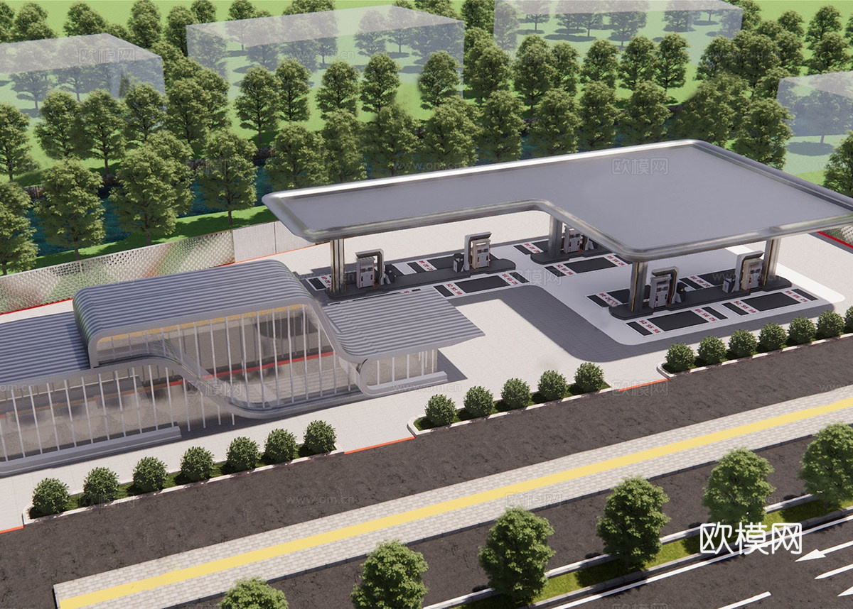 现代加油站 加气站 加油机 加油站便利店su模型