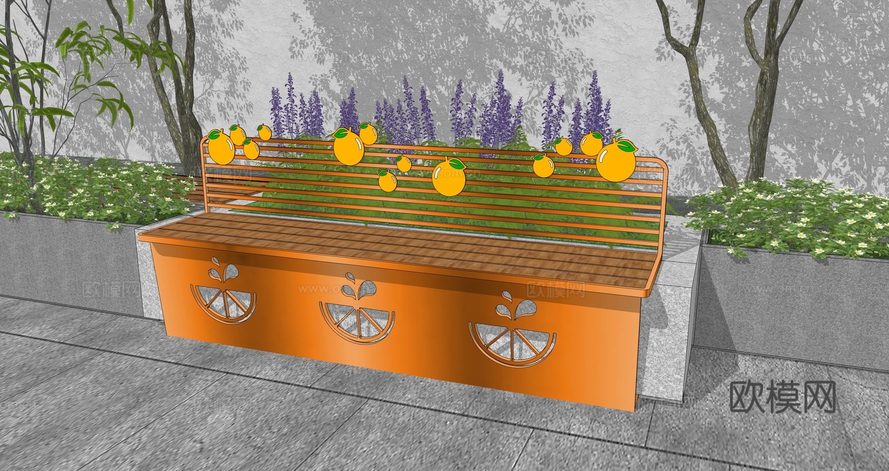 现代水果主题景观座椅户外休闲坐凳树池花坛橘子葡萄公共休息坐凳su模型