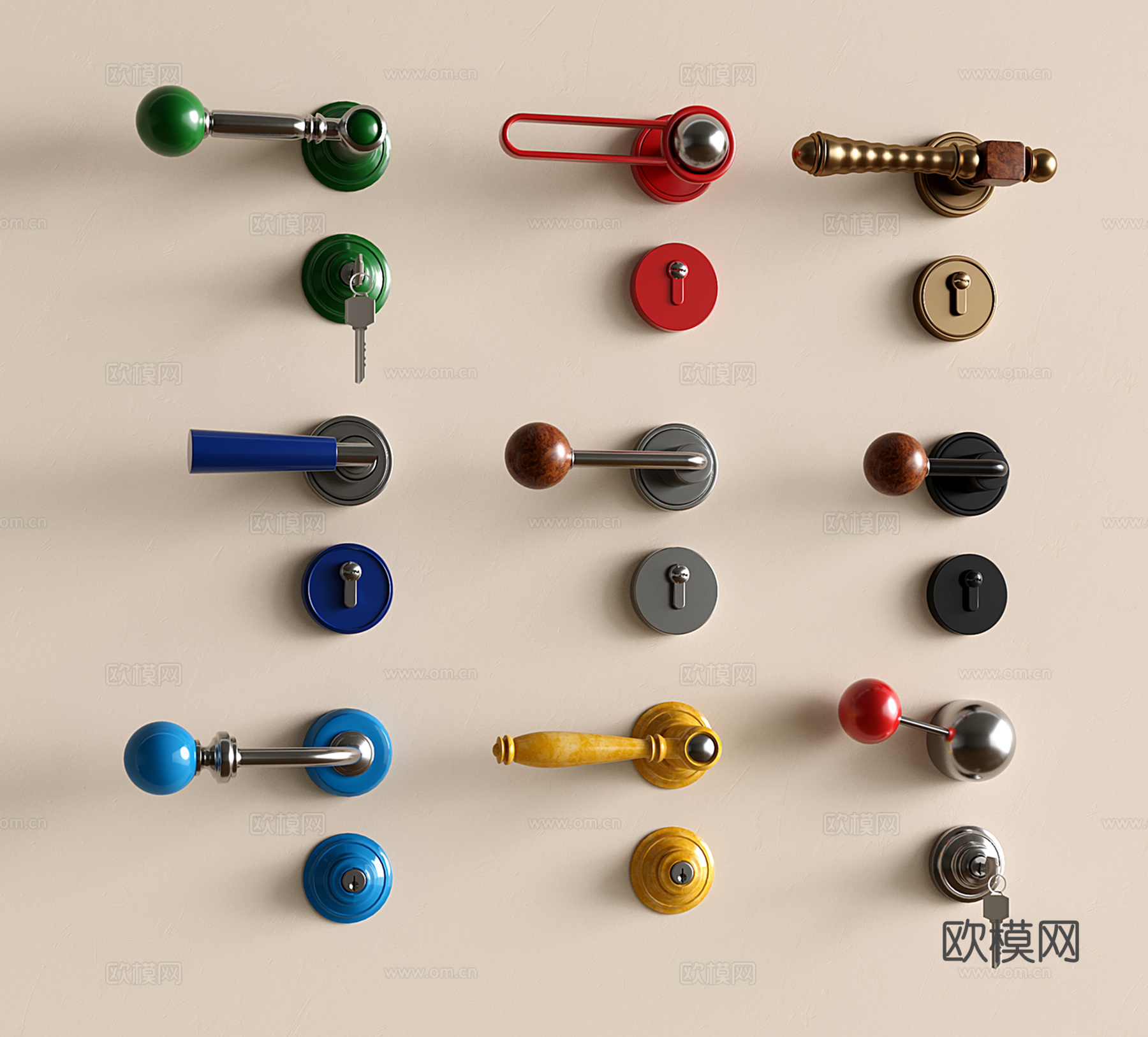 包豪斯门把手 中古复古门锁 多巴胺金属门拉手su模型