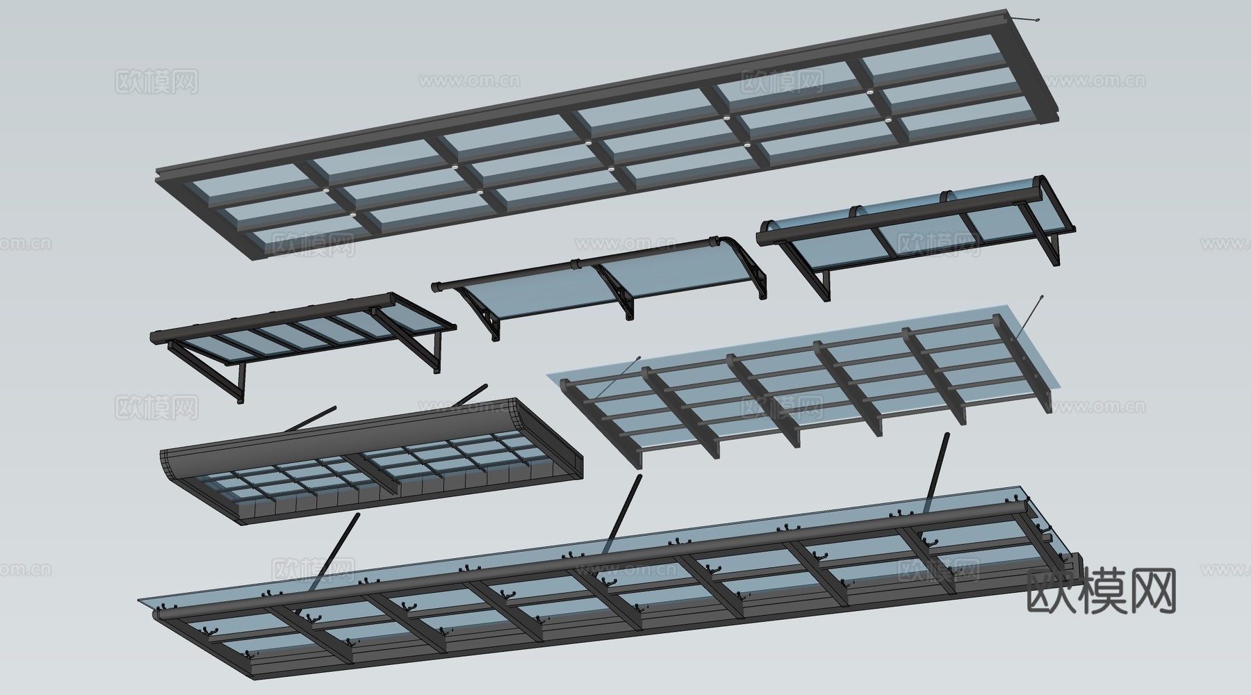 现代玻璃雨棚 钢构雨棚 玻璃雨打 阳光棚su模型