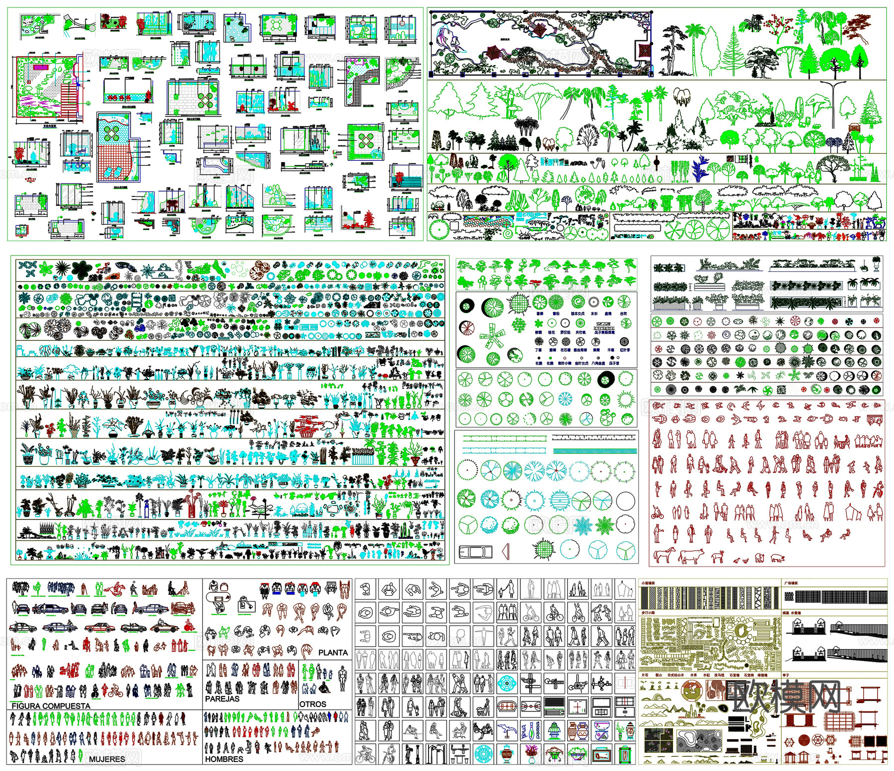 园林树木植物苗木图例造景石头景观置石人物车辆CAD素材图库cad施工图