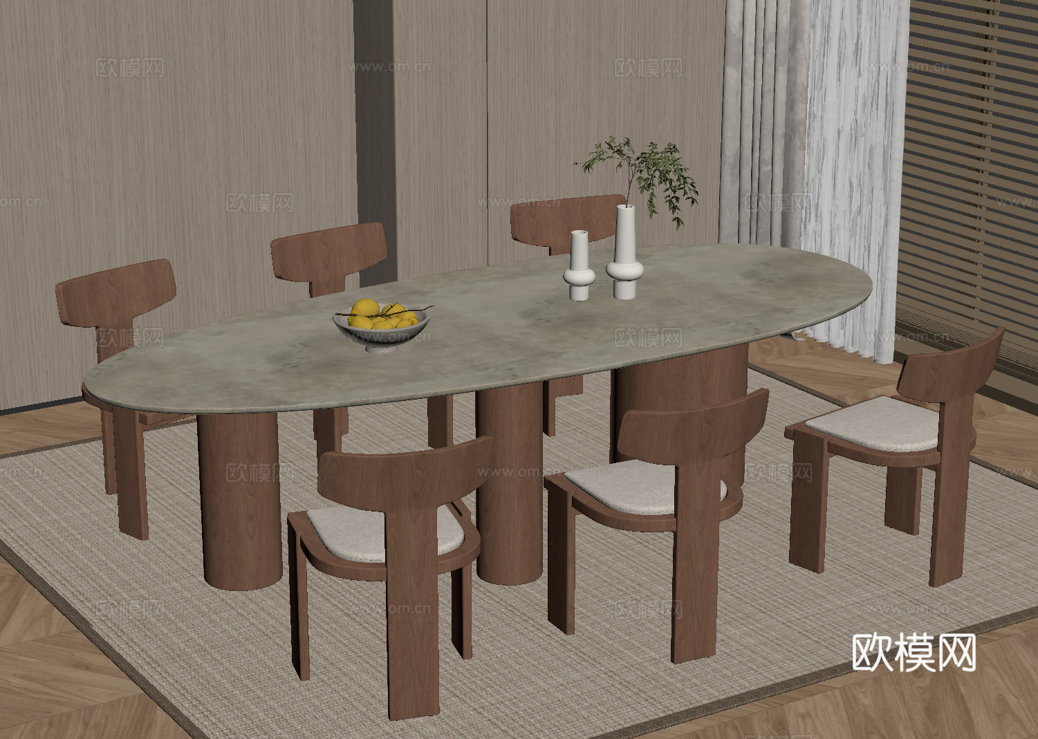 侘寂中古餐桌椅su模型