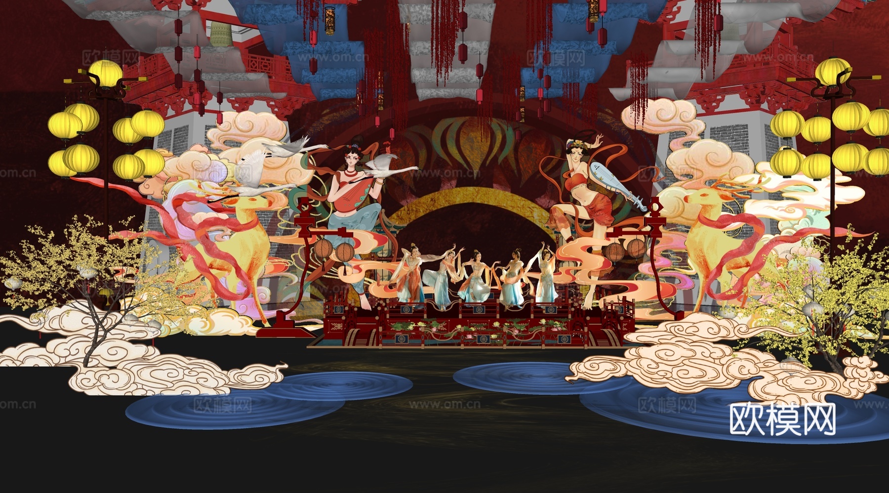 新中式国潮小品 国潮古风灯会集市 美陈国潮打卡su模型