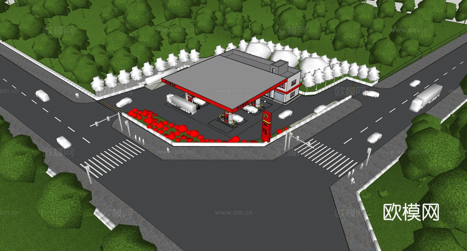 现代小型加油站 小公建 加油站su模型
