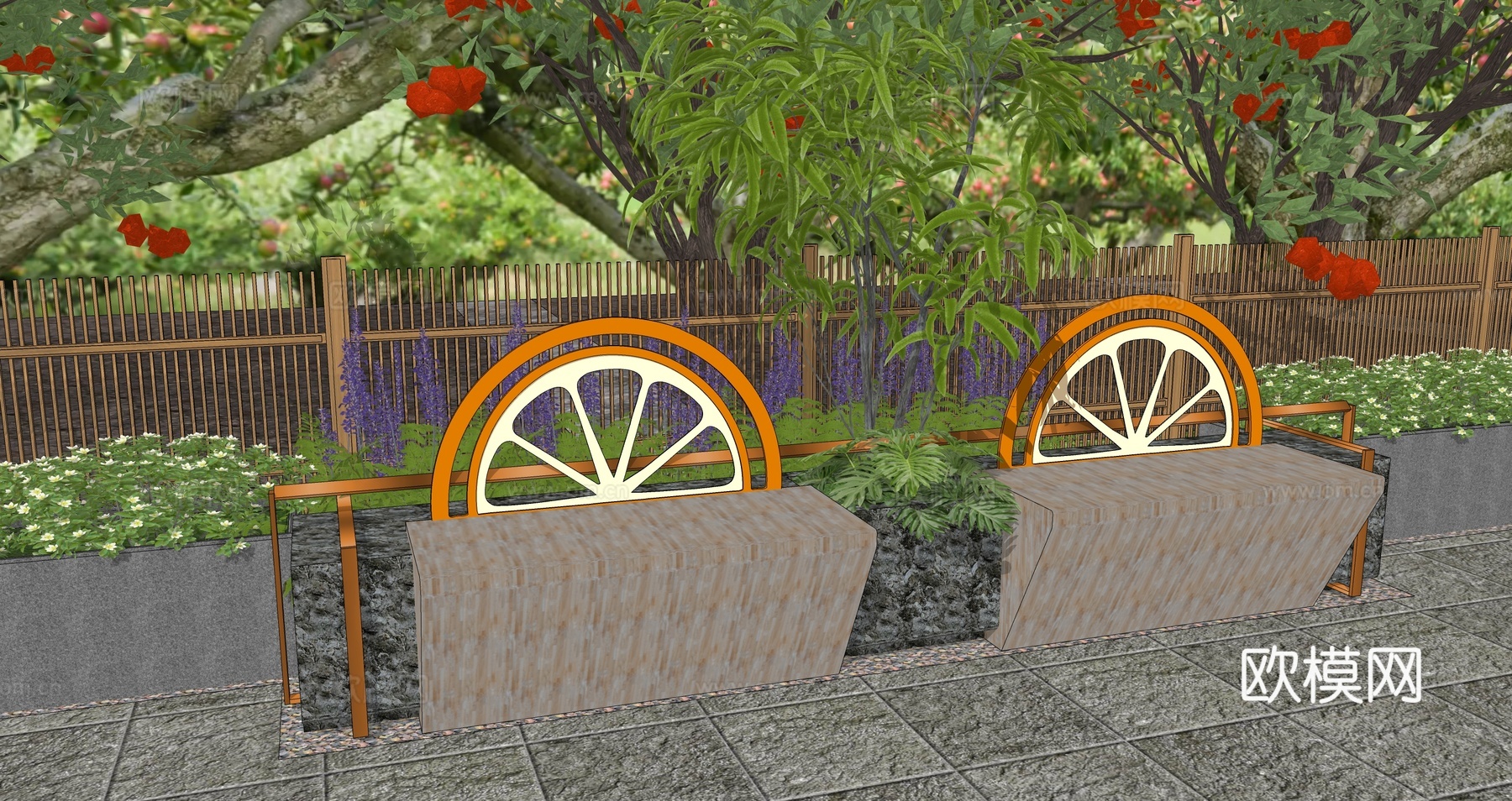 现代水果主题景观座椅户外休闲坐凳树池花坛橘子葡萄公共休息坐凳su模型