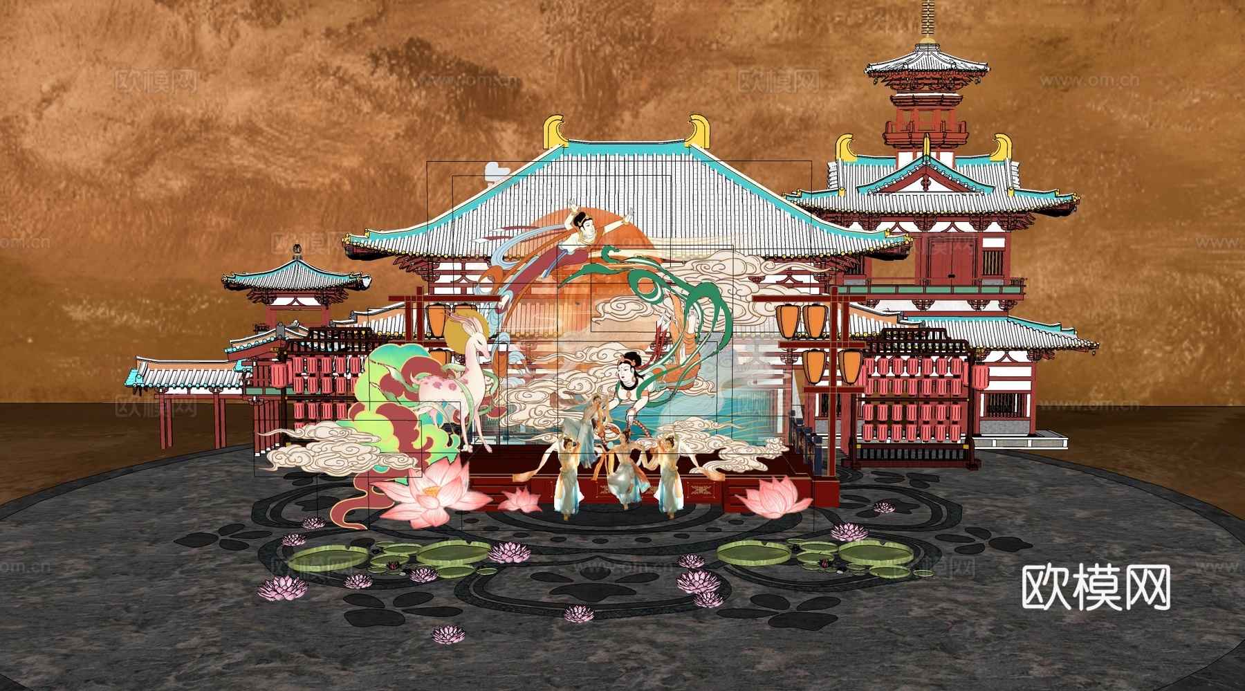 新中式古风打卡 国潮敦煌美陈 灯会舞台su模型