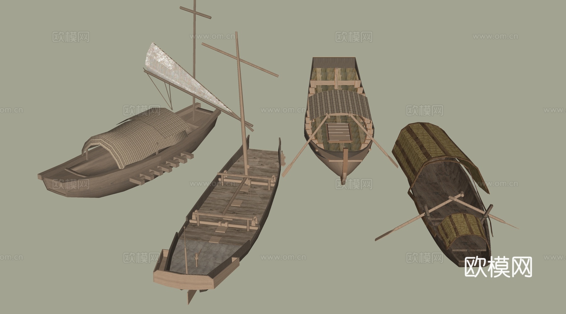 现代乌篷船 木船 渔船 帆船su模型