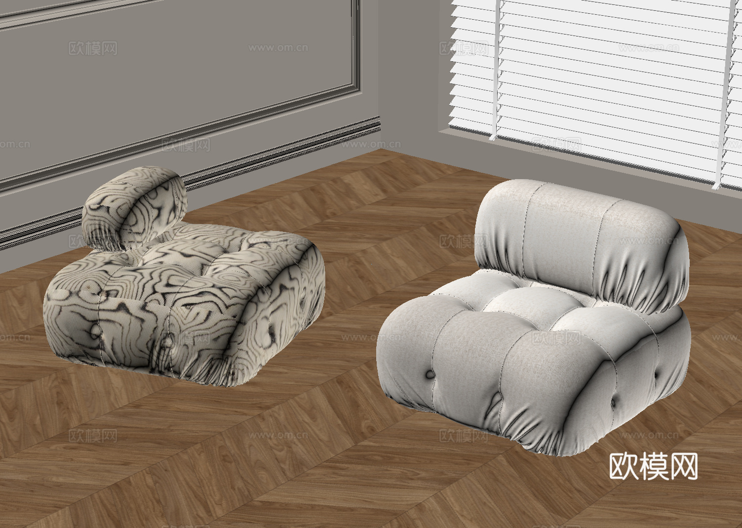 现代奶油风单人沙发 沙发凳su模型