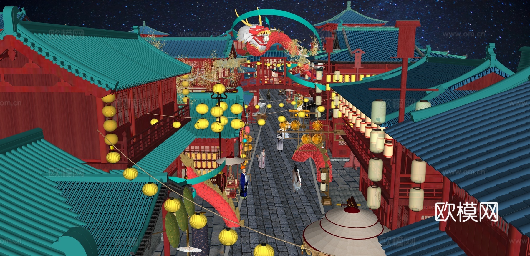 网红打卡国潮古风古镇集市su模型