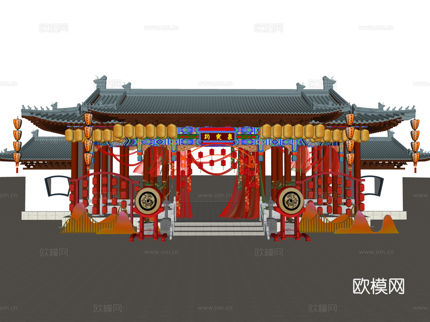 网红打卡国潮古风古镇集市su模型