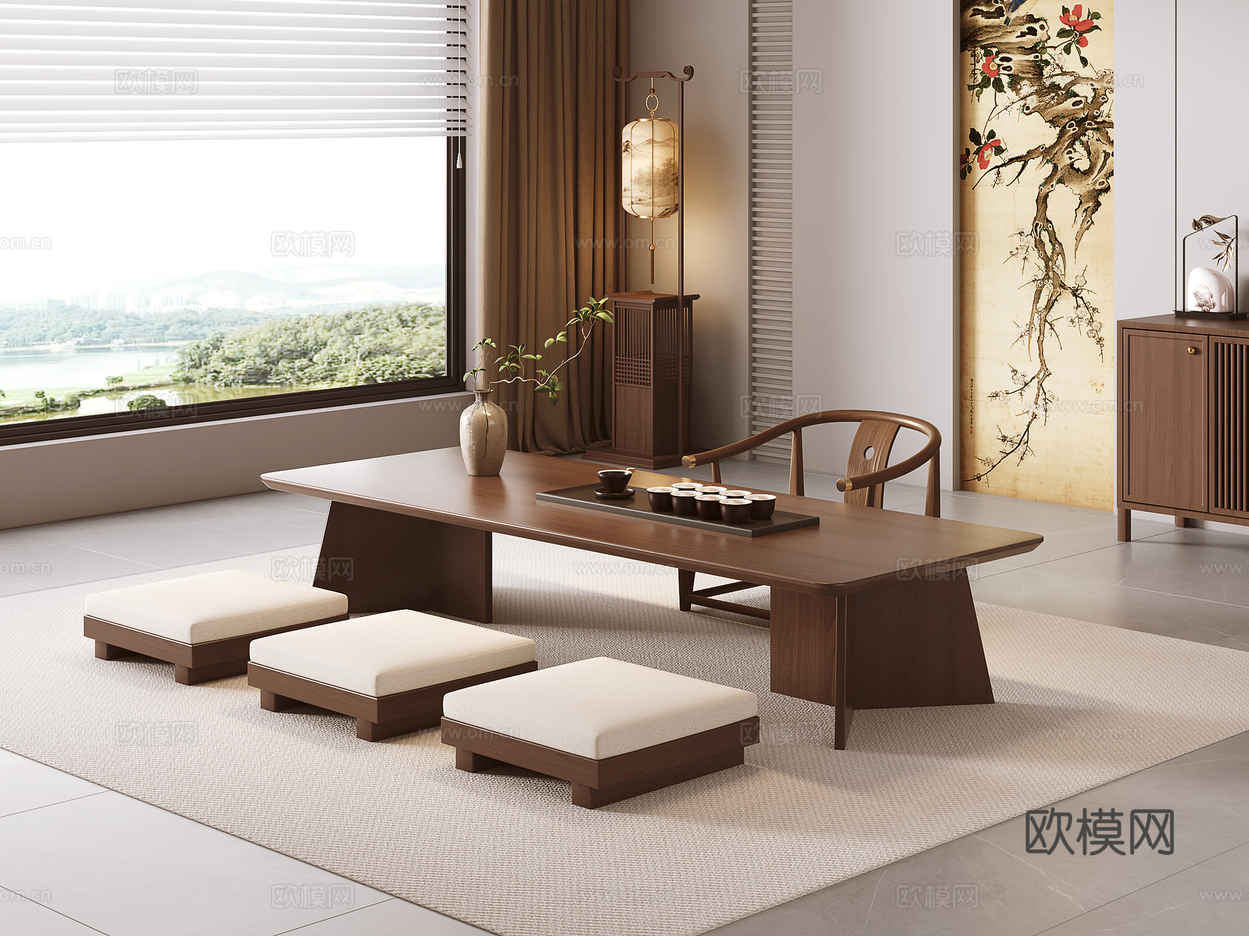 新中式茶桌椅su模型
