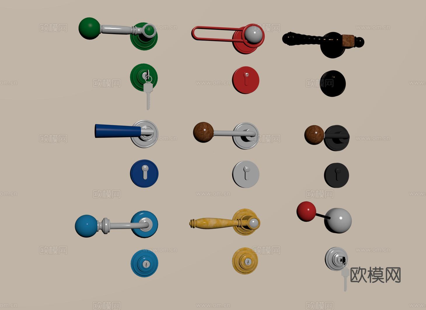 包豪斯门把手 中古复古门锁 多巴胺金属门拉手su模型