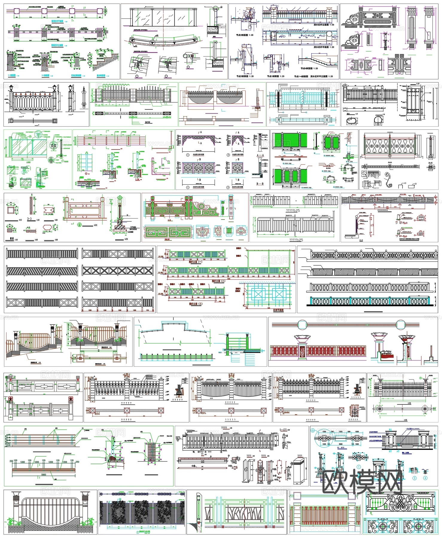 庭院围墙别墅围墙栏杆护栏剖面做法工艺详图节点CAD素材图库cad施工图