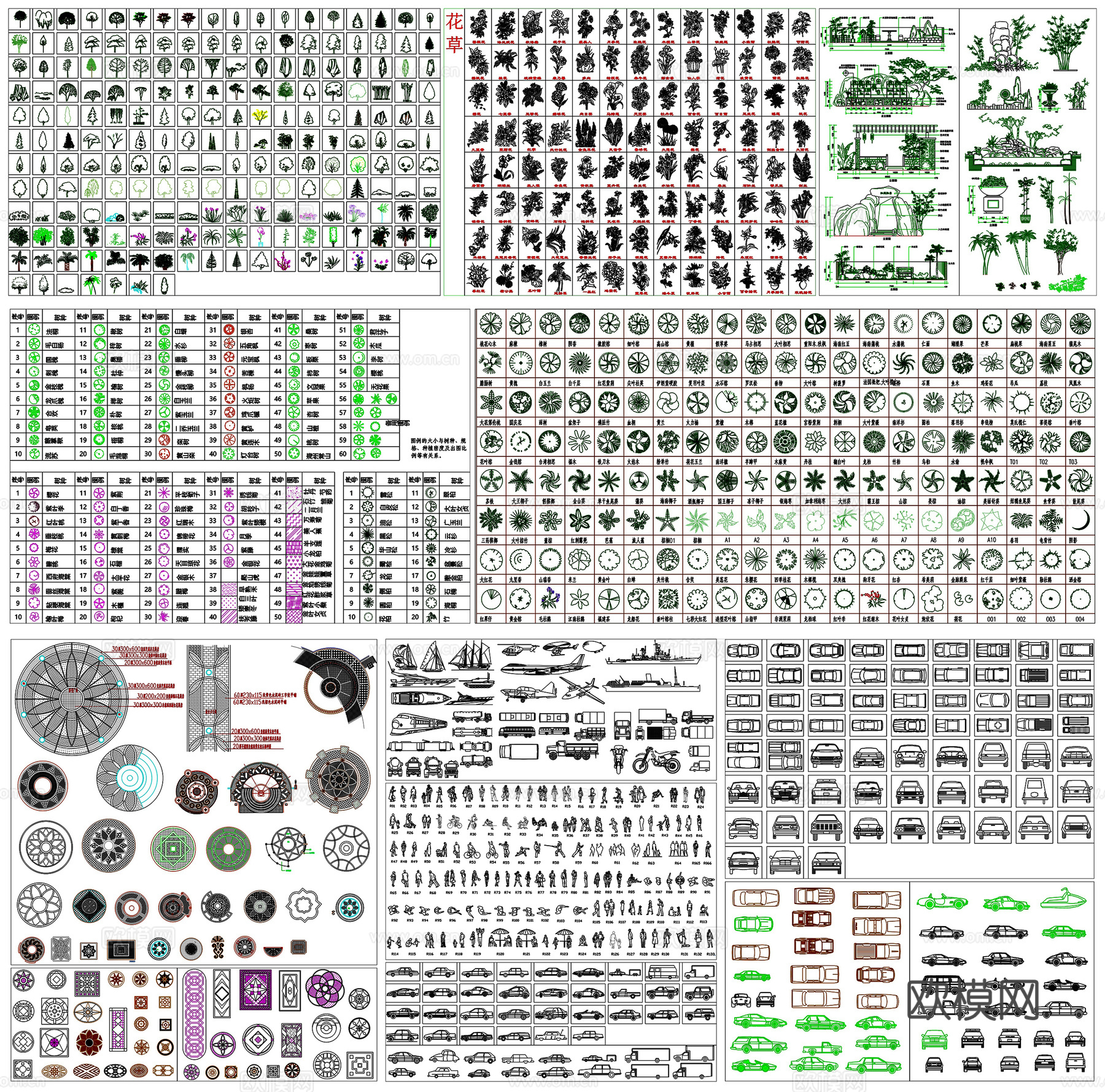 园林树木植物苗木图例造景石头景观置石人物车辆CAD素材图库cad施工图