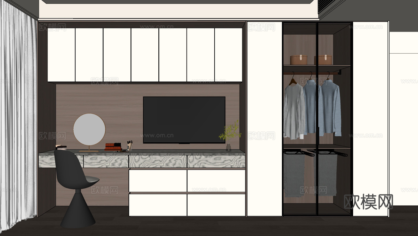 现代卧室衣柜 床尾衣柜  梳妆柜电视柜 床尾衣柜梳妆台电视柜su模型下载（渲染图2）