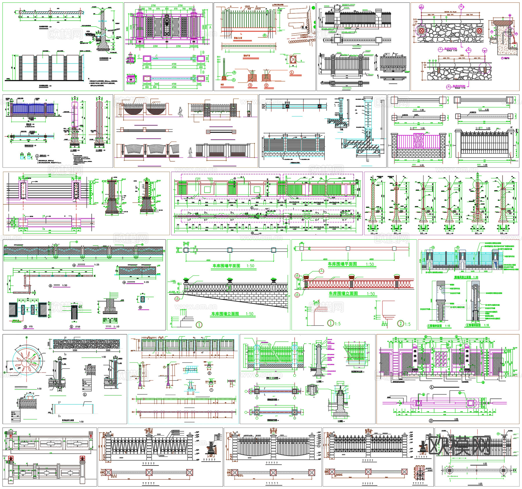 庭院围墙别墅围墙栏杆护栏剖面做法工艺详图节点CAD素材图库cad施工图