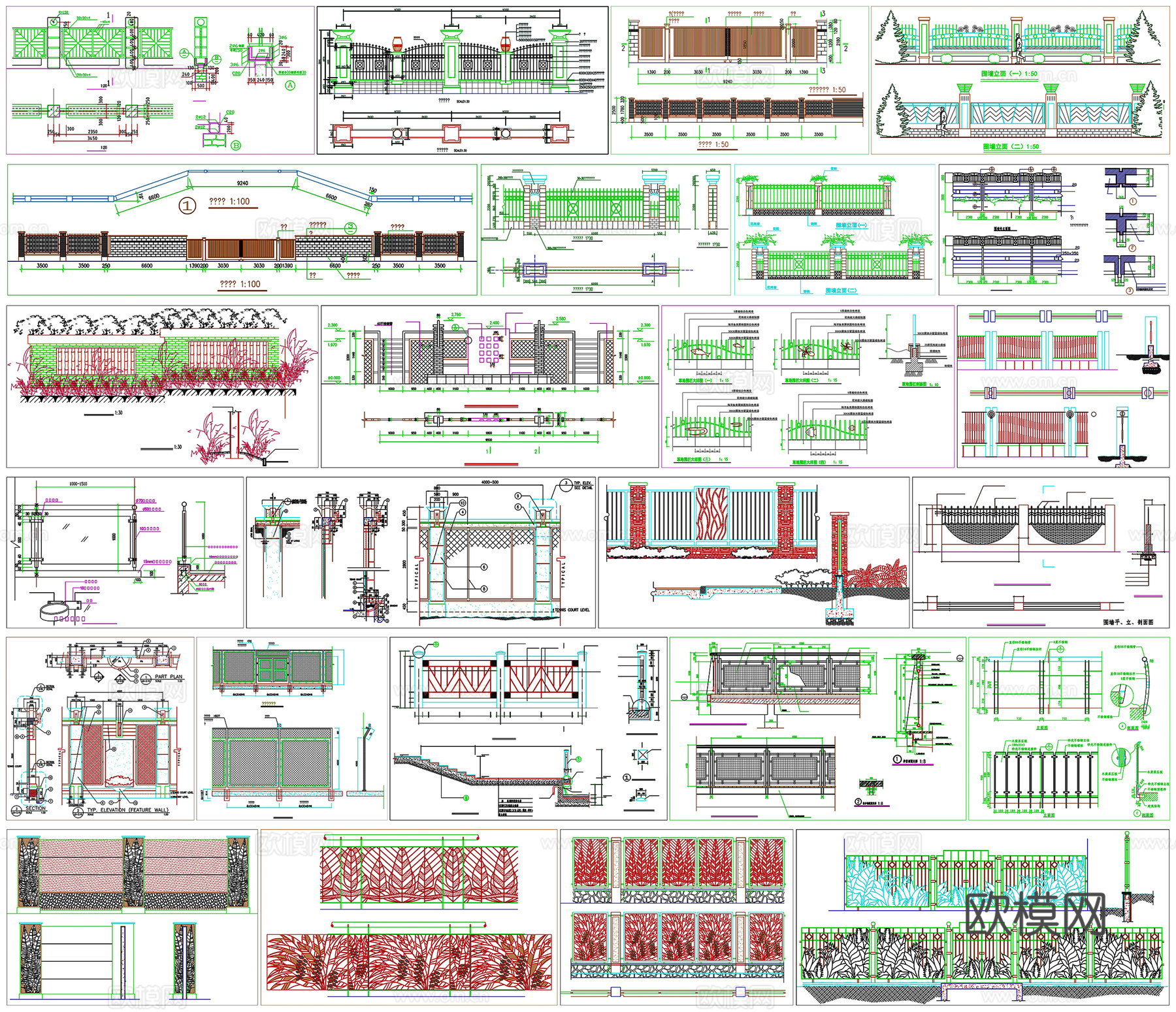 庭院围墙别墅围墙栏杆护栏剖面做法工艺详图节点CAD素材图库cad施工图