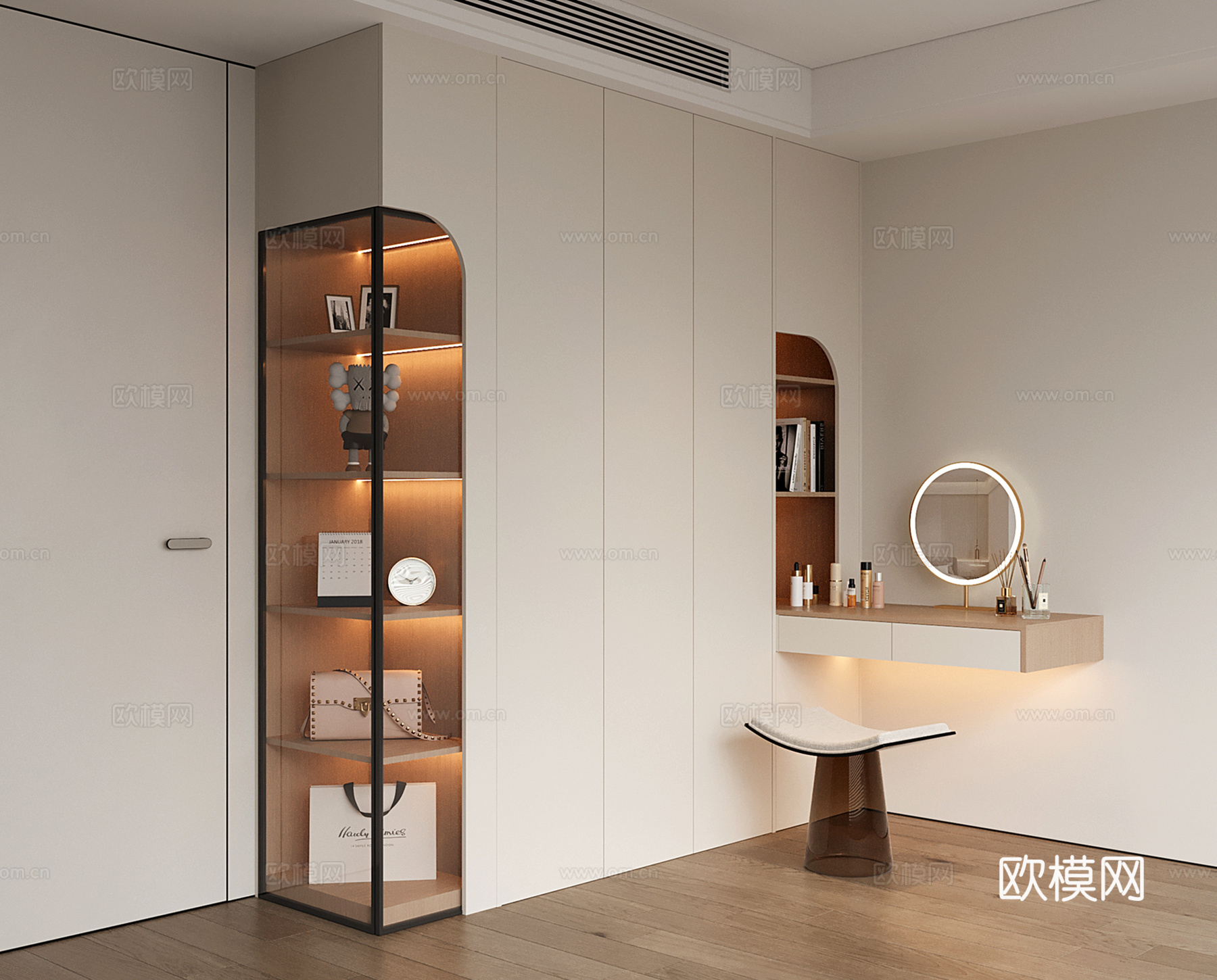 现代衣柜梳妆台一体 衣柜转角书桌 平开门衣柜 开放格衣柜su模型