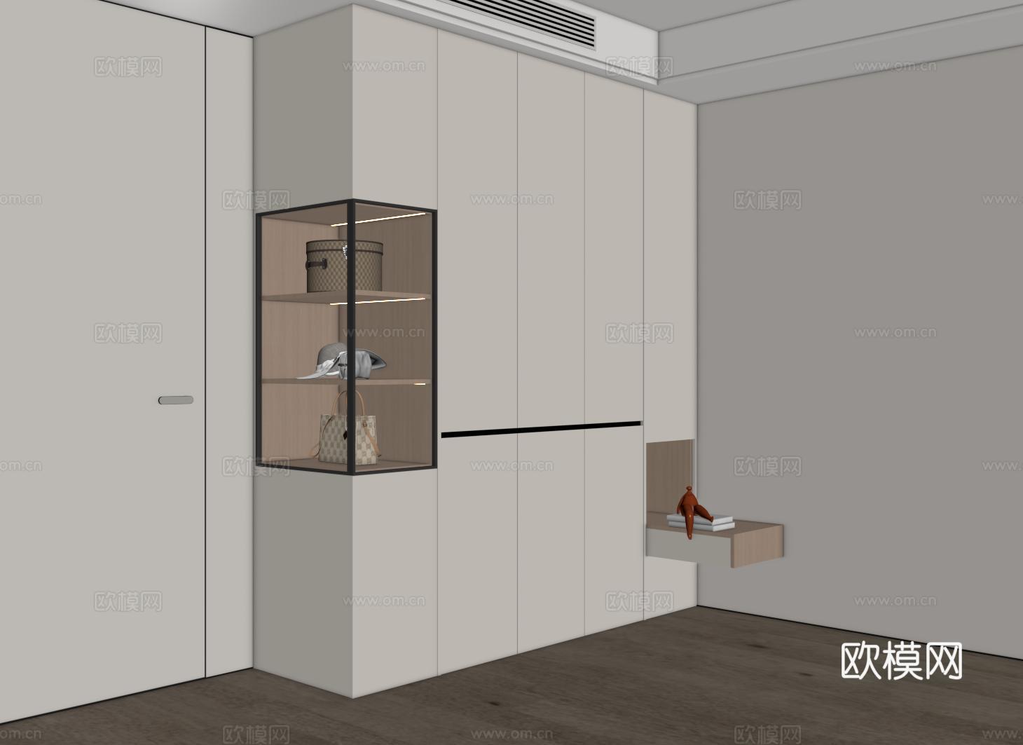 现代衣柜 平开门衣柜 转角开放格衣柜 衣柜床头柜一体su模型
