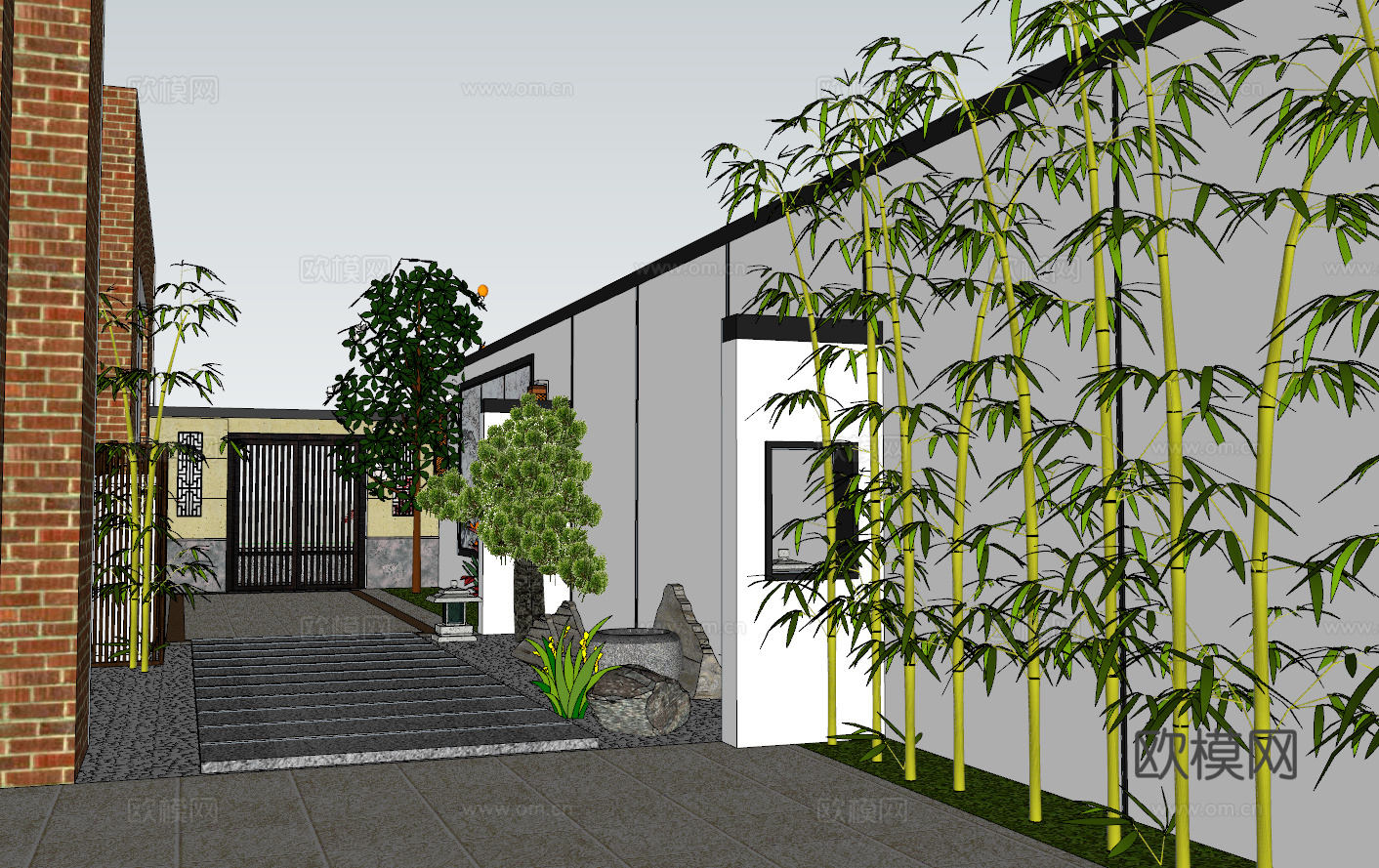 新中式别墅花园su模型