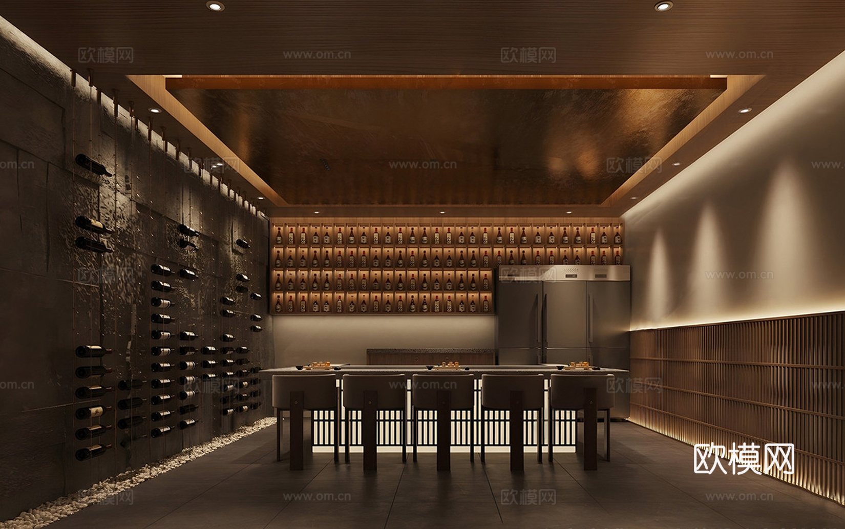 新中式酒窖 酒庄 酒柜 吧台吧椅su模型