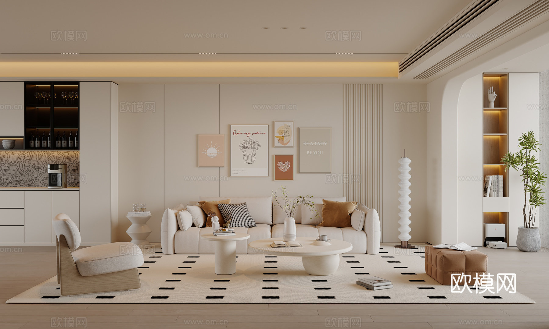 现代奶油风客厅 沙发茶几 多人沙发 挂画 地毯su模型