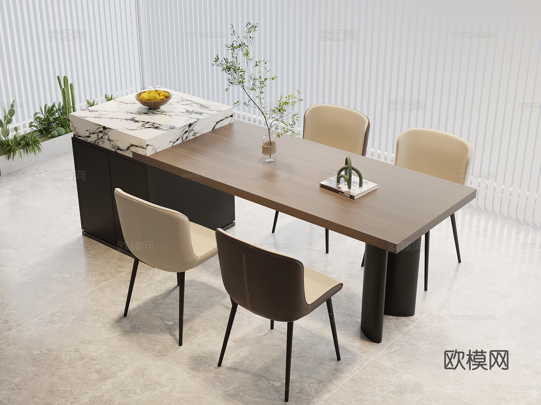 现代意式岛台 餐桌椅su模型