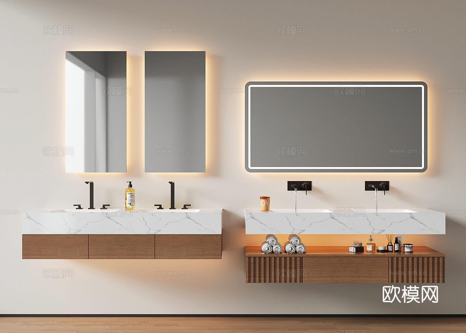 现代悬空浴室柜 洗手台 卫浴柜 双洗手池su模型