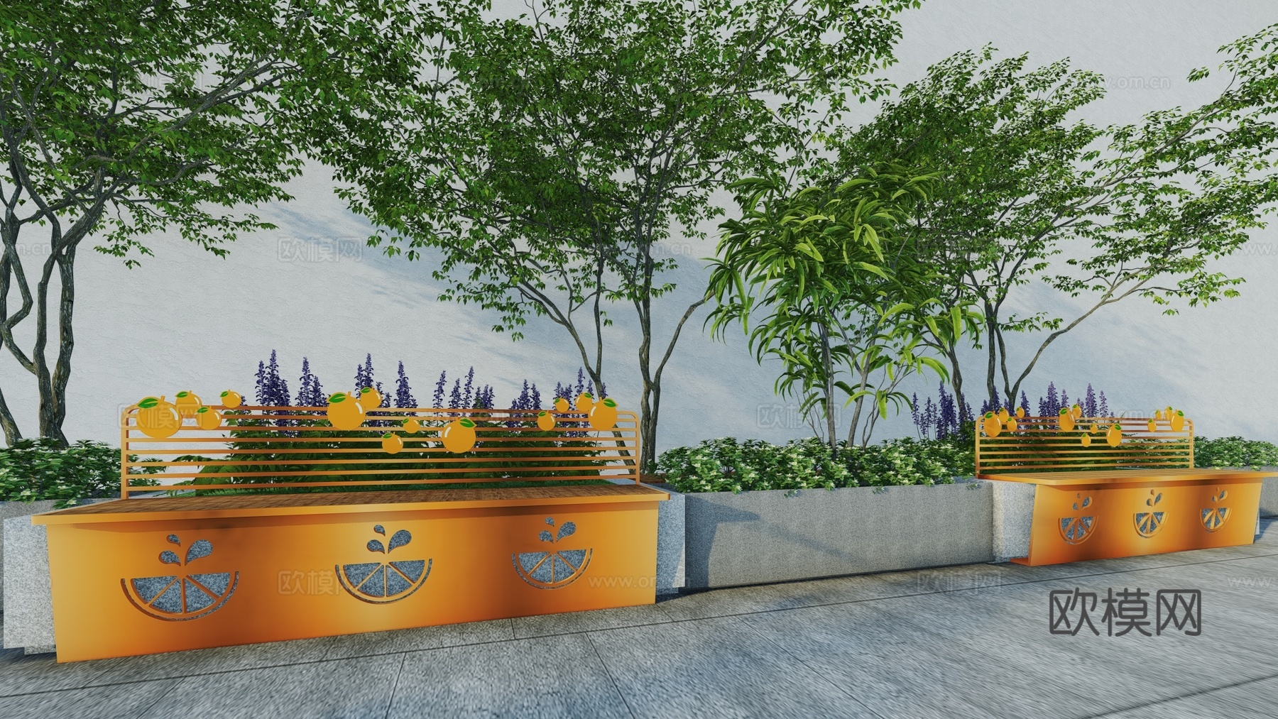 现代水果主题景观座椅户外休闲坐凳树池花坛橘子葡萄公共休息坐凳su模型
