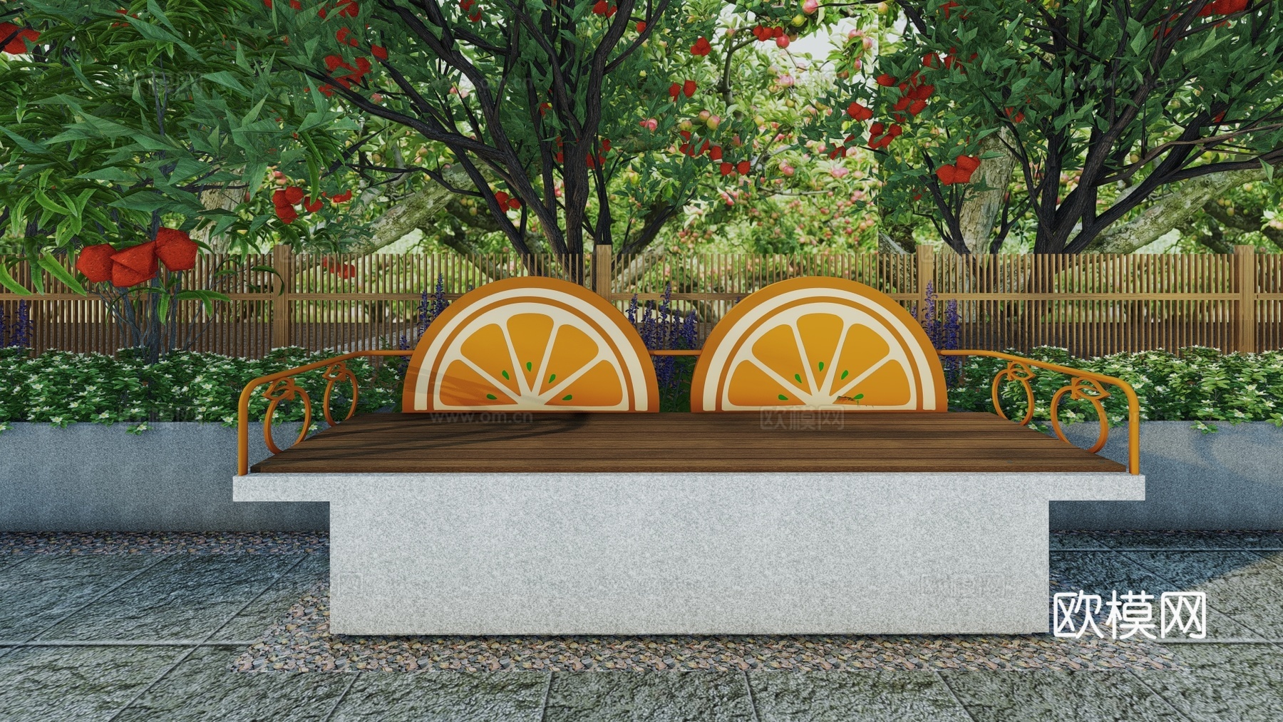 现代水果主题景观座椅户外休闲坐凳树池花坛橘子葡萄公共休息坐凳su模型