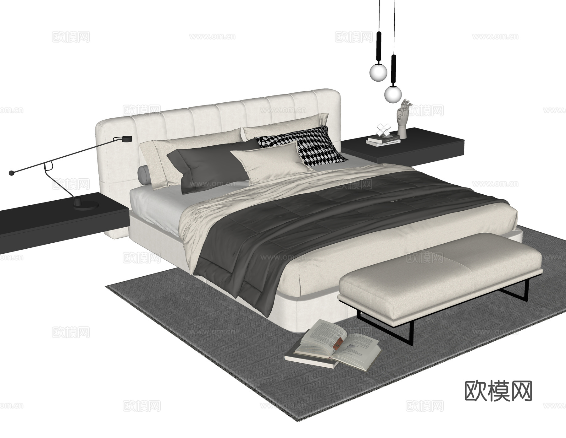 现代双人床 床尾凳su模型下载（渲染图2）