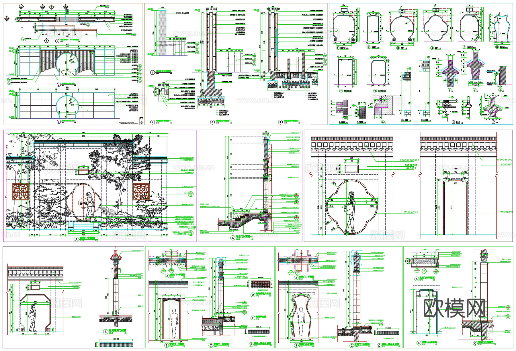 门洞月洞门宝瓶门海棠门景墙剖面做法工艺详图节点CAD素材图库cad施工图