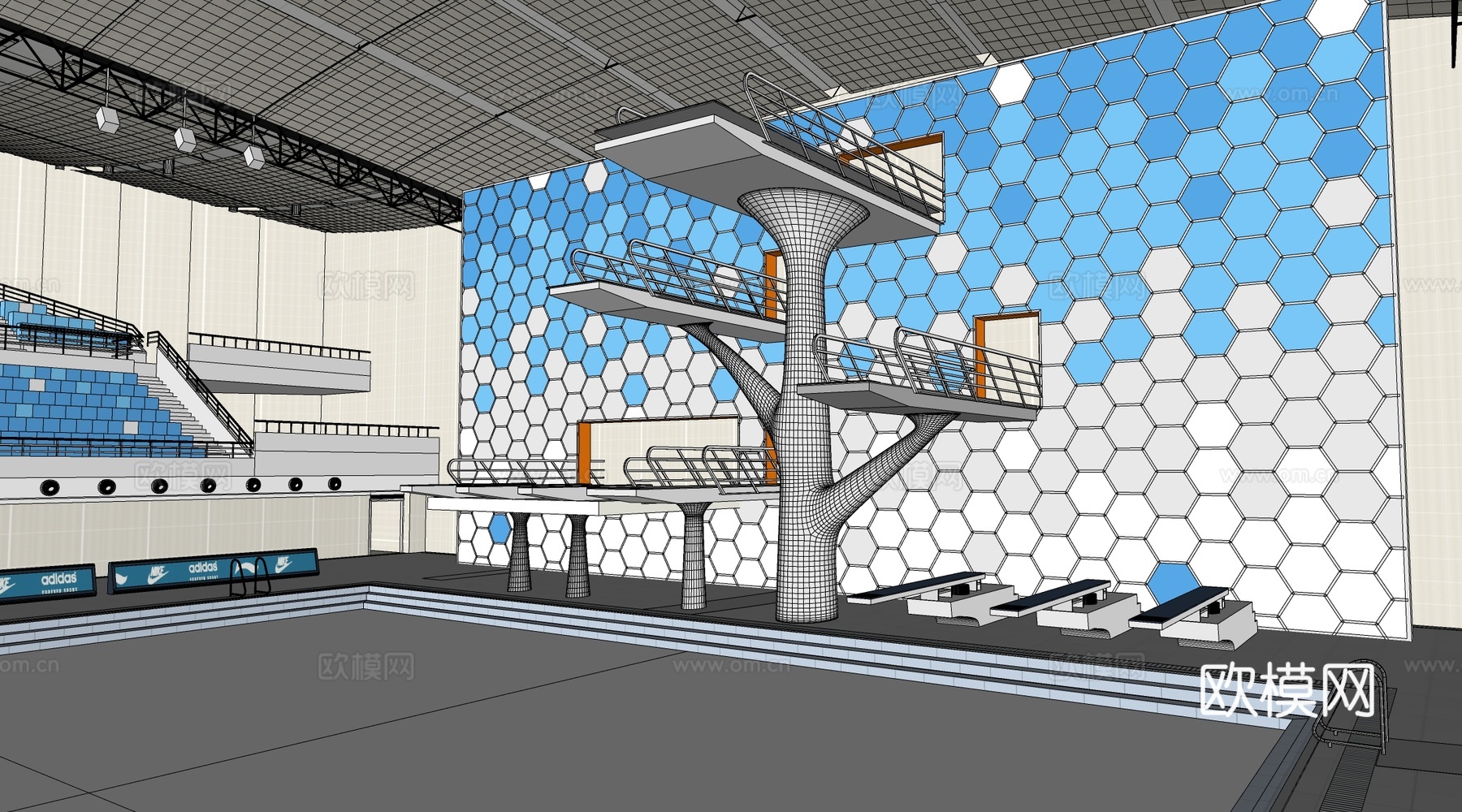 现代游泳池跳台 跳水台 跳水板su模型下载（渲染图2）