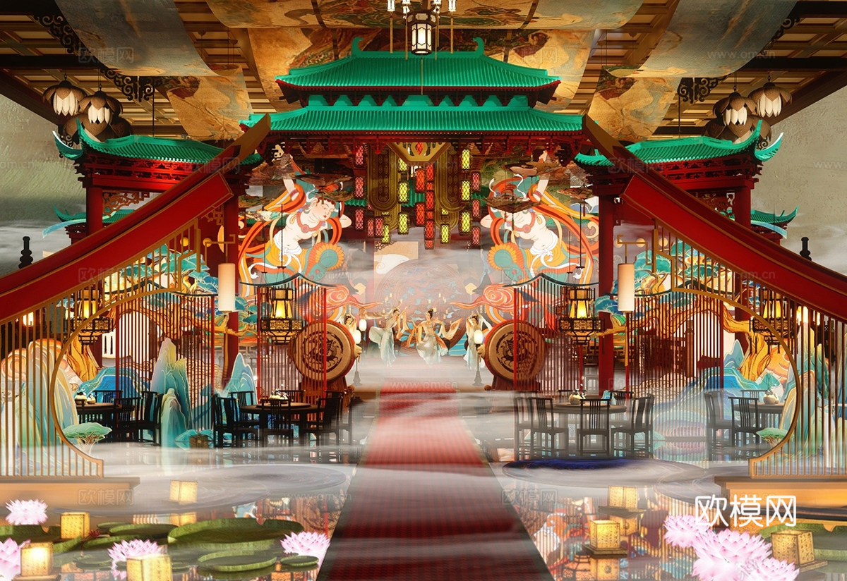 新中式网红打卡 国潮中餐厅 宴会婚礼 美陈舞台su模型
