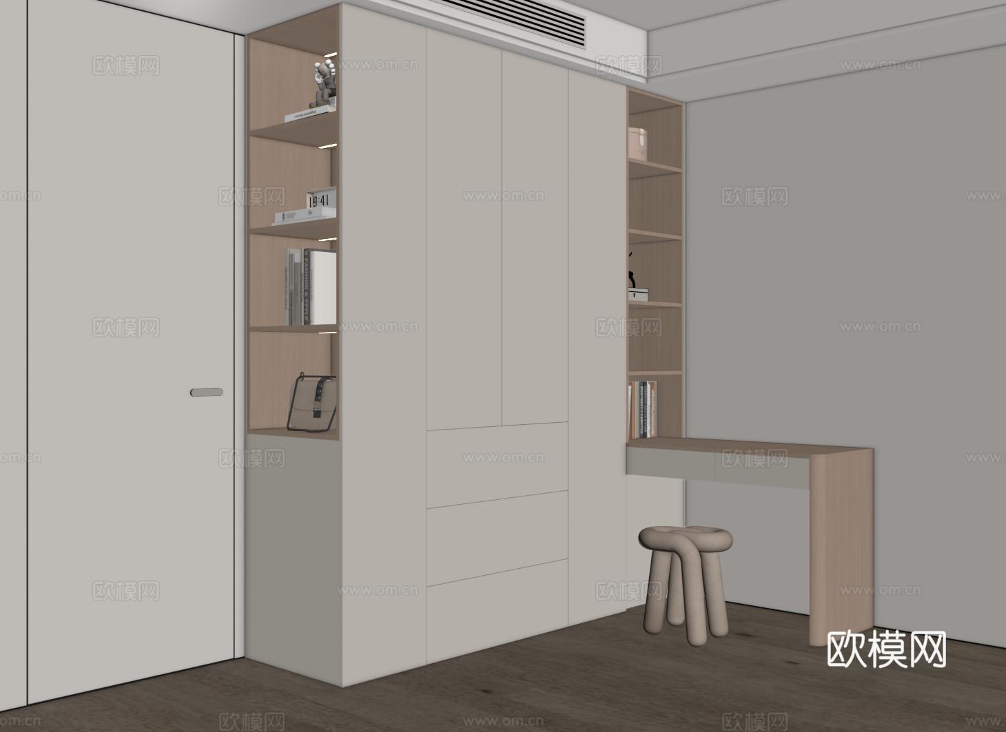 现代衣柜梳妆台一体 衣柜转角书桌 平开门衣柜 开放格衣柜su模型