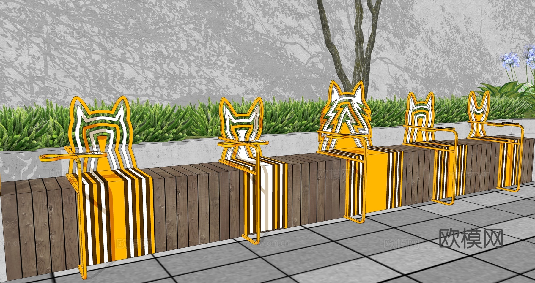 现代景观座椅户外宠物休息站休闲坐凳萌宠公共休息区树池花坛爱宠su模型