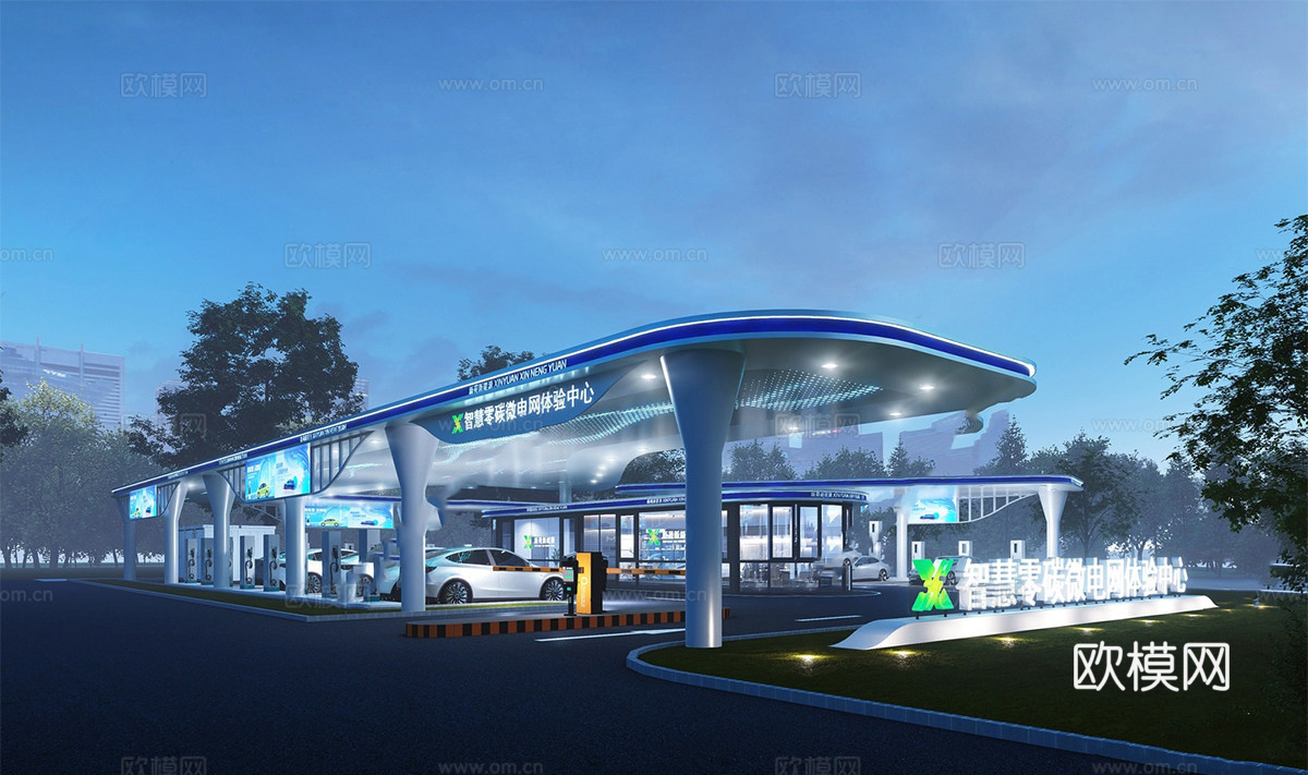现代智能光伏充电停车场 户外停车场 充电站su模型