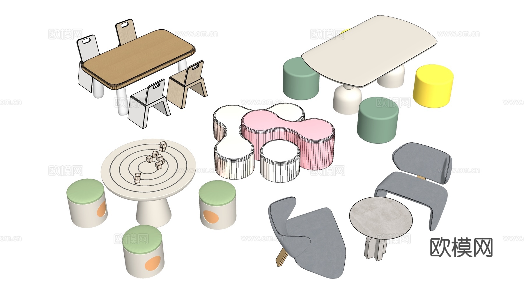 现代儿童手工桌椅 幼儿园桌椅 卡通桌椅su模型