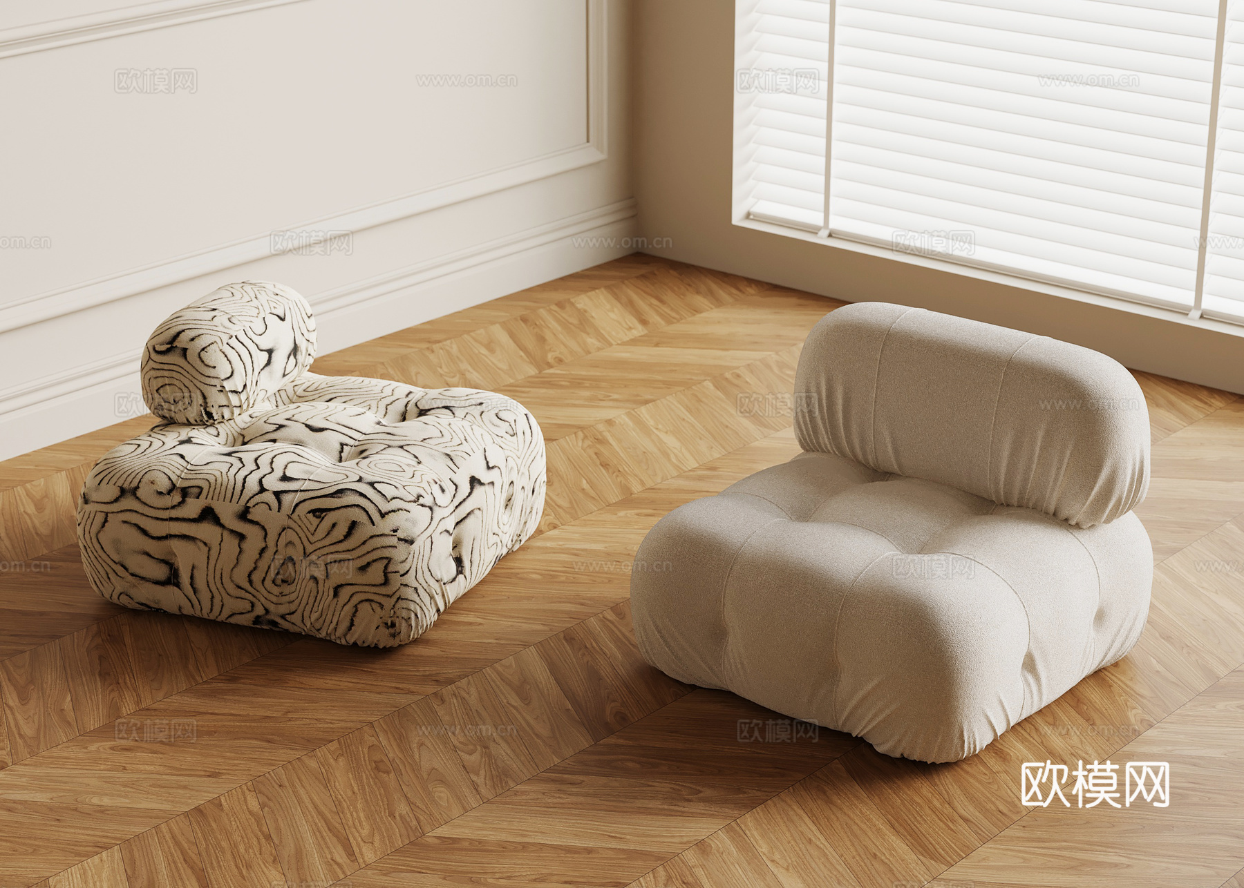 现代奶油风单人沙发 沙发凳su模型