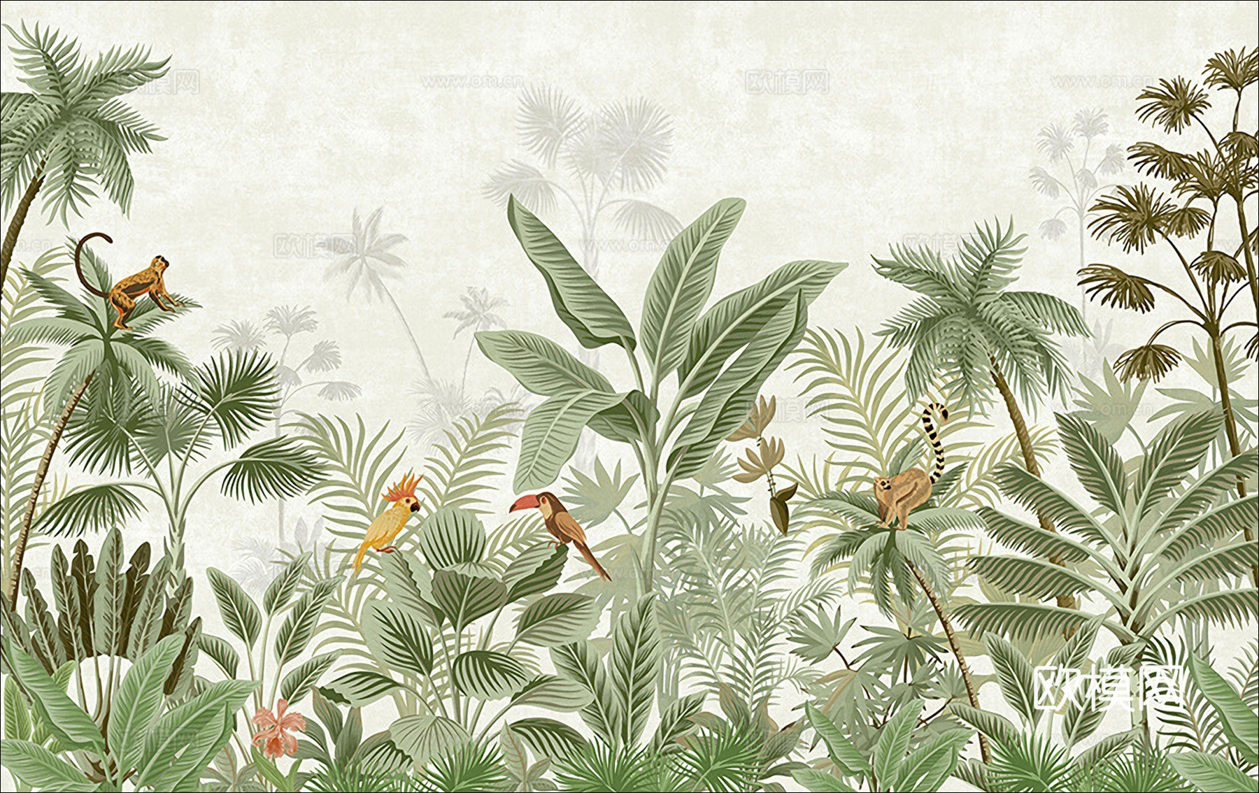 东南亚热带植物动物绿色壁画下载