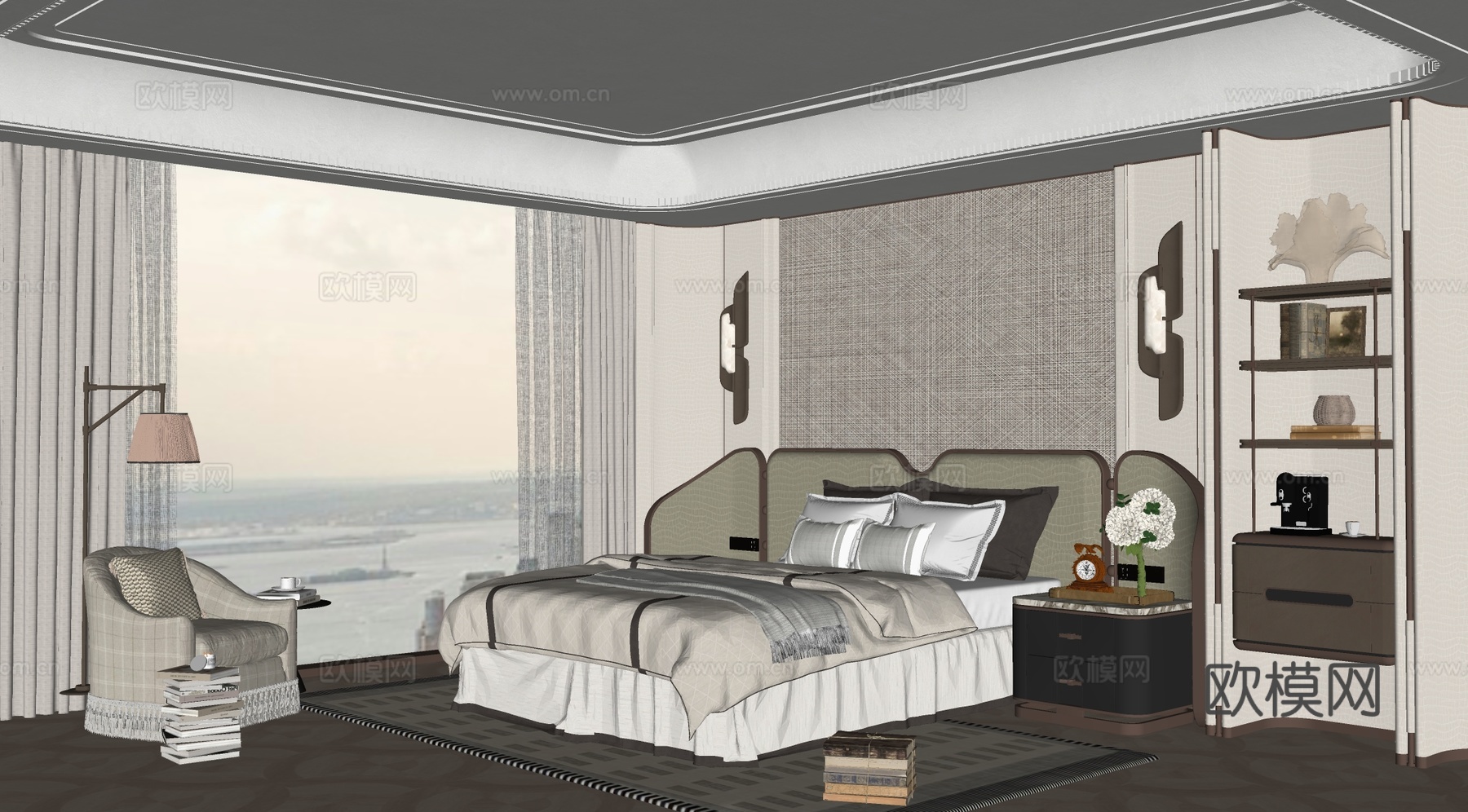 意式卧室 米洛提卧室 现代卧室 双人床组合 现代双人床组合su模型下载（渲染图2）