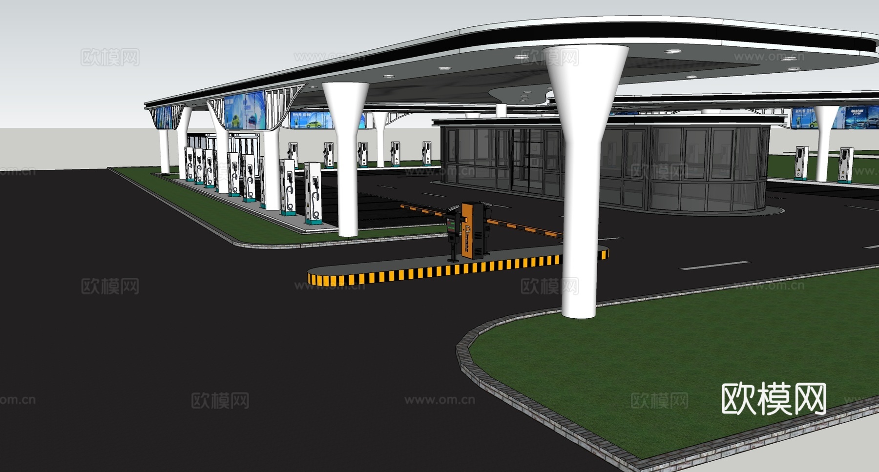 现代智能光伏充电停车场 户外停车场 充电站su模型