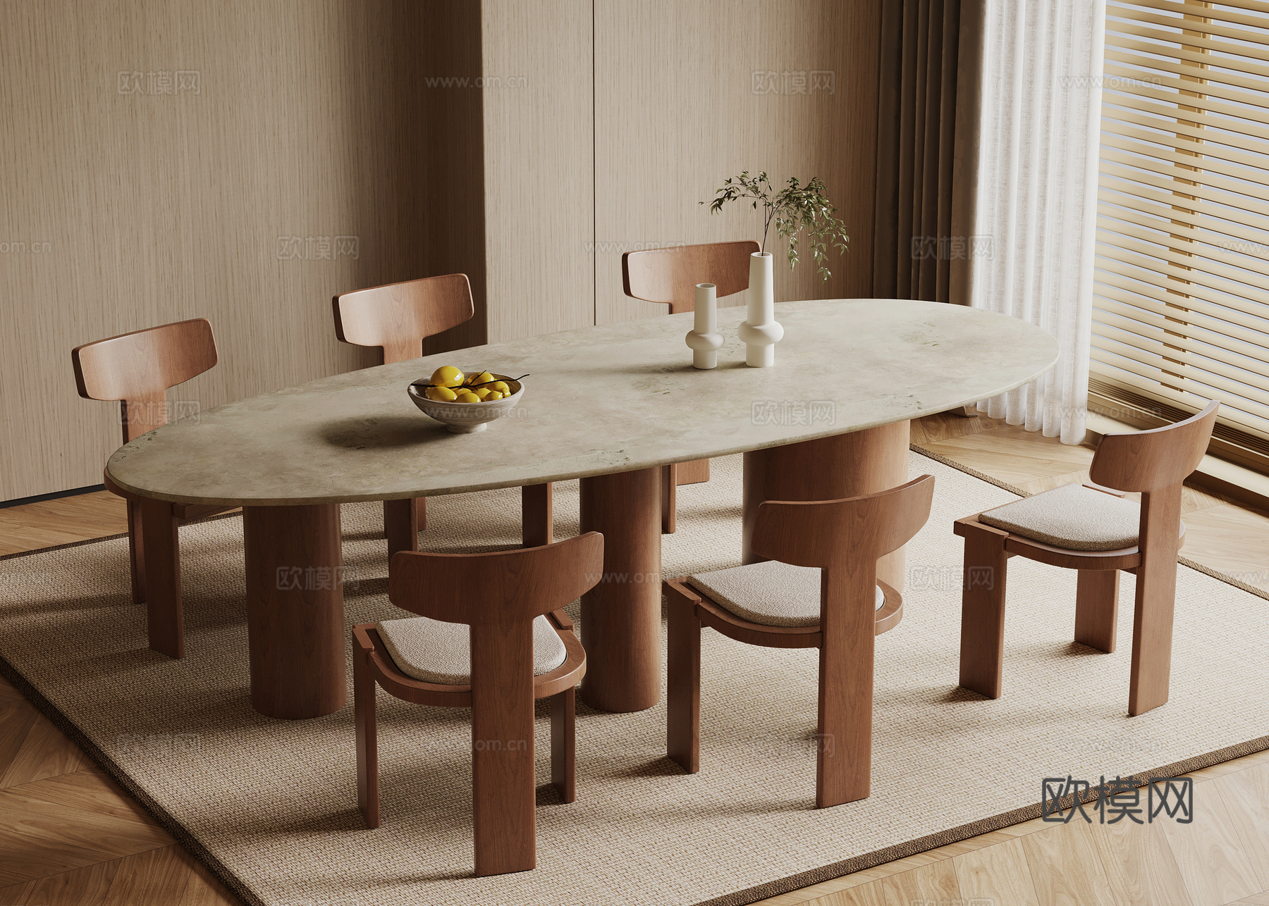 侘寂中古餐桌椅su模型