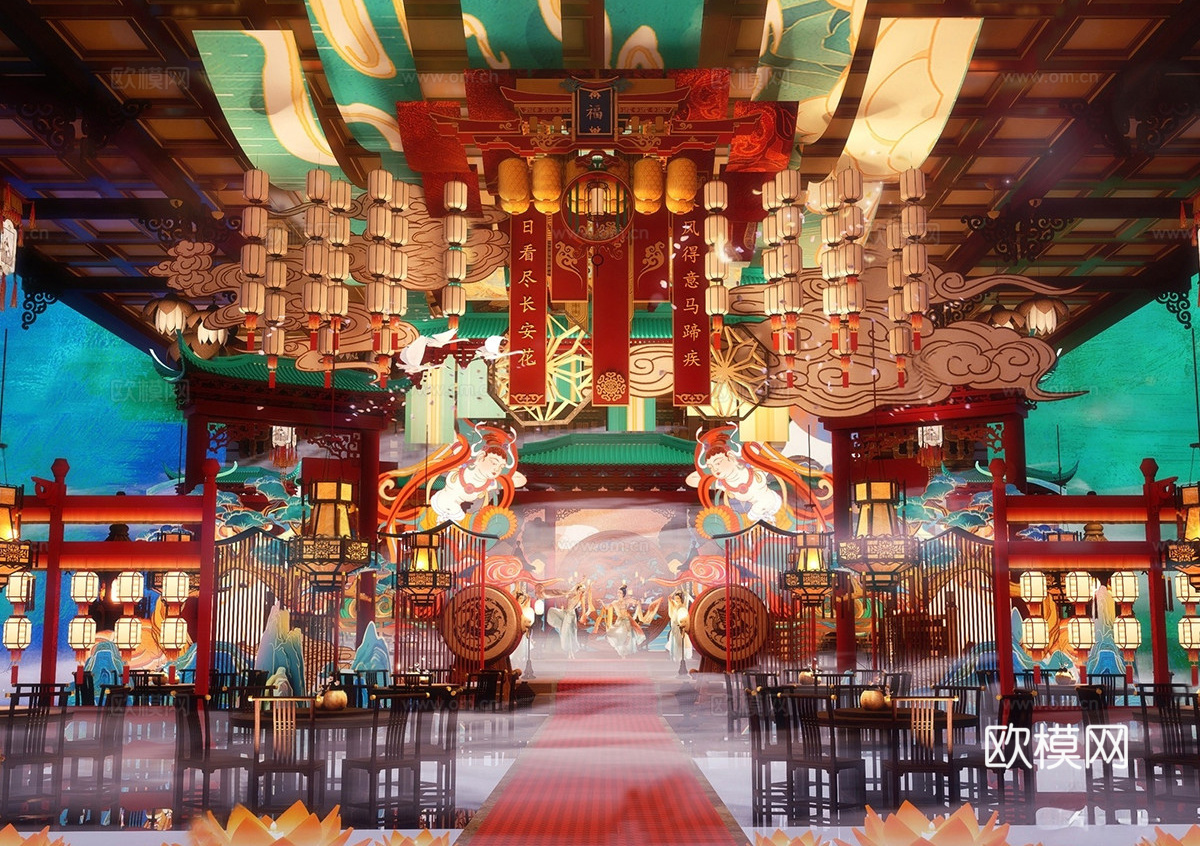 新中式国潮古风古镇 灯会节庆美陈 婚宴美陈 国潮美陈舞台su模型