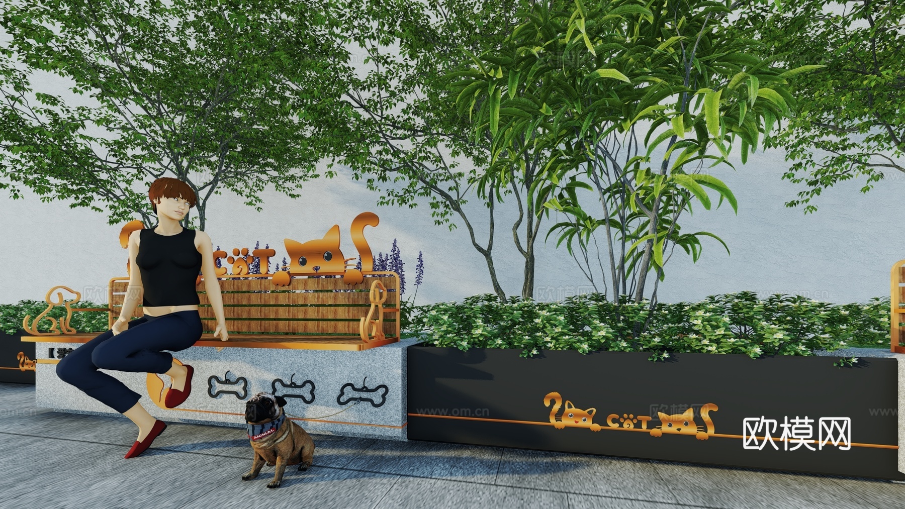 现代景观座椅户外宠物休息站休闲坐凳萌宠公共休息区树池花坛爱宠su模型